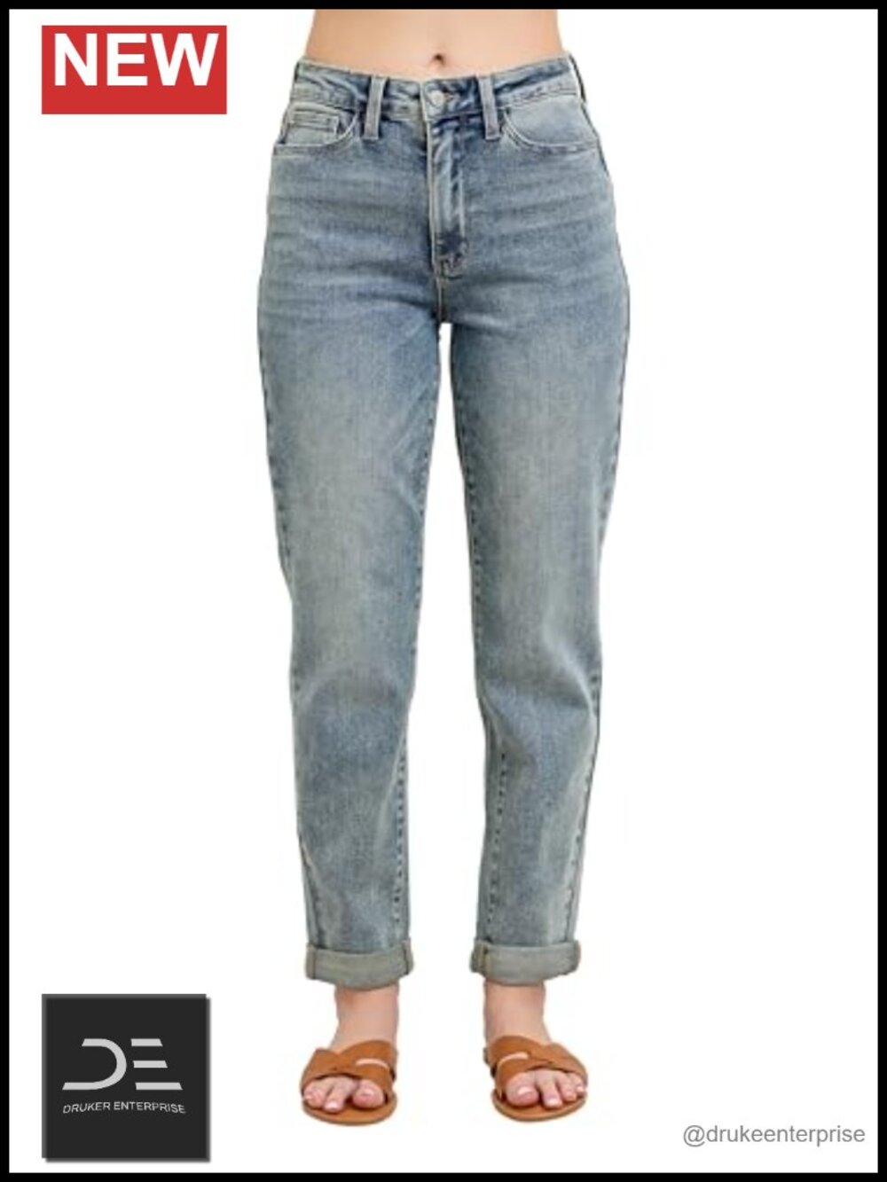 High Waisted Vintage Wash Double Roll Cuff Boyfriend Jeans